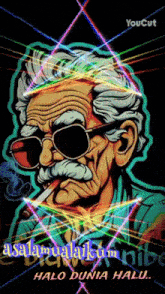 a cartoon of an old man smoking a cigarette with the words halo dunia halu written below him