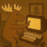 a moose is sitting in front of a computer keyboard that says oleran guty on it