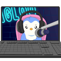 a penguin wearing headphones is sitting in front of a microphone on a laptop
