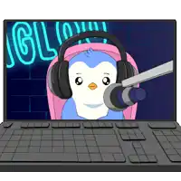 a penguin wearing headphones is sitting in front of a microphone on a laptop