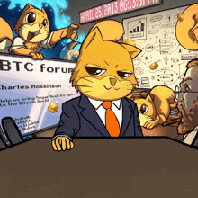 a cartoon drawing of a cat in a suit and tie sitting in front of a btc forum sign