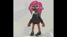 a cartoon character with pink hair and purple eyes is wearing a black shirt that says ' i 'm sorry '