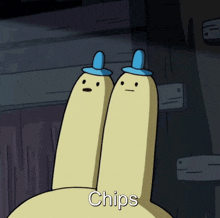 two cartoon characters wearing blue hats with the word chips written below them