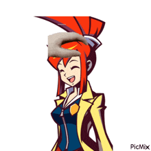 a cartoon drawing of a girl with red hair and a yellow jacket with a picmix watermark on the bottom