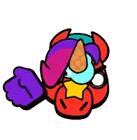 a colorful cartoon character with a purple fist and an ice cream cone on his head