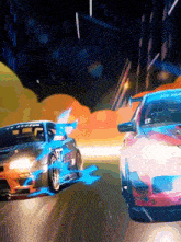two cars are racing on a road and one has a sticker on the side that says ' gt '