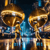 two people rollerblading in front of giant disco balls with the word lumi on the bottom right