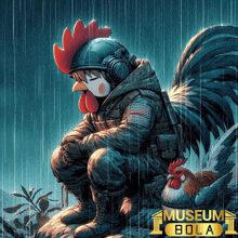a rooster wearing a helmet and headphones sits next to a rooster with the words museum bola written below it