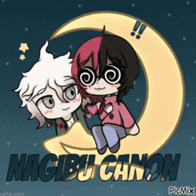 a couple of anime characters sitting on a crescent moon with the words nagibu canon written below them