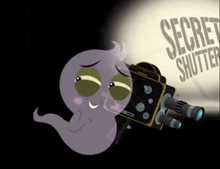 a cartoon ghost is holding a camera in front of a sign that says " secret shutter "
