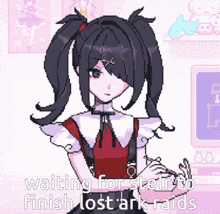 a pixel art of a girl with the words waiting for steir to finish lost ark raids