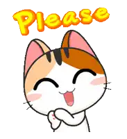 a cartoon cat is smiling and asking for a please