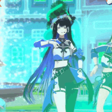 a girl in a blue and black outfit has the letter h on her chest