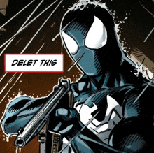 a comic book character is holding a gun and says " delete this " on the bottom
