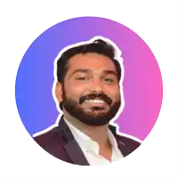 a man with a beard is smiling in a circle with a purple and pink background