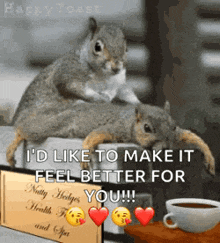 two squirrels are sitting on a sign that says i 'd like to make it feel better for you .