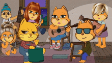 a cartoon drawing of a group of cats playing instruments
