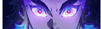 a close up of a person 's eyes with red eyes and a purple background