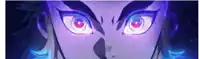 a close up of a person 's eyes with red eyes and a purple background