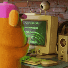 a cartoon character is standing in front of a computer screen that says grinding