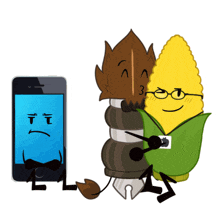 a phone with a sad face is next to a corn cob with glasses