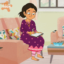 a cartoon of a woman sitting on a couch writing in a notebook with a nick logo behind her