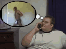 a man talking on a cell phone with a thought bubble of a man walking in the background
