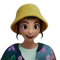 a cartoon character wearing a yellow hat and a jacket with purple flowers