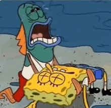 a cartoon character is holding a dead spongebob squarepants in his arms .