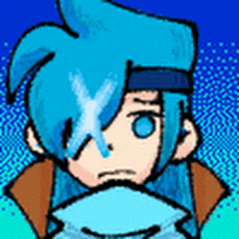 a cartoon character with blue hair is holding a piece of paper .