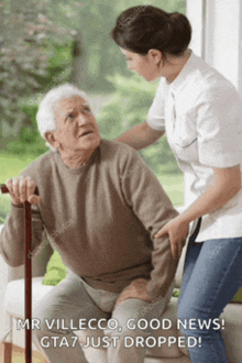 a nurse helping an elderly man with a cane