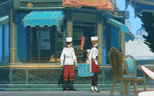 a man and a woman standing in front of a store that says ' sausage ' on the front