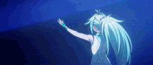 a girl with long blue hair is standing in front of a blue background with her arms outstretched .