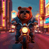 a bear wearing sunglasses is riding a motorcycle in front of a sign that says victory