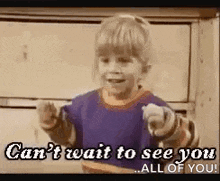 a young boy is pointing at the camera and saying `` can 't wait to see you ... all of you ! ''