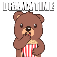 a cartoon of a bear eating popcorn with the words " drama time " below it