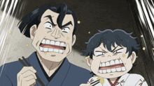 a cartoon drawing of a man and a boy with chopsticks