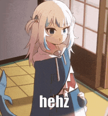 a cartoon girl with a shark tail is standing in a room with the word hehz on the bottom .
