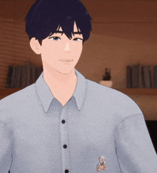 a 3d model of a boy wearing a blue shirt with a bear on it