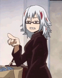 a cartoon character with glasses is pointing at something while holding a bag .