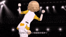 a little girl in a yellow outfit is dancing on a stage