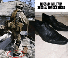a picture of a soldier next to a picture of a pair of shoes that say russian military special forces shoes