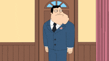 a cartoon of a man in a suit and tie talking to an alien