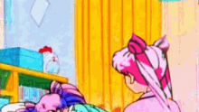 a cartoon of a girl laying on a bed next to another girl .