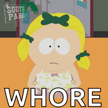 a cartoon of a girl with a sign that says south park behind her