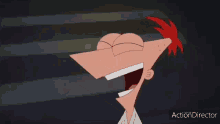 a cartoon character with red hair is laughing with his mouth open and his eyes closed .