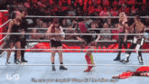 a group of wrestlers are in a ring and one of them says " eh are you stupid "