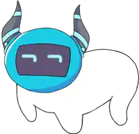 a cartoon drawing of a robot with horns and a blue head