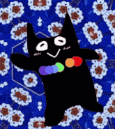 a black cat wearing a rainbow necklace is dancing on a blue background with flowers