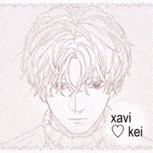 a black and white drawing of a boy wearing a sweater with the name xavi kei written on it .